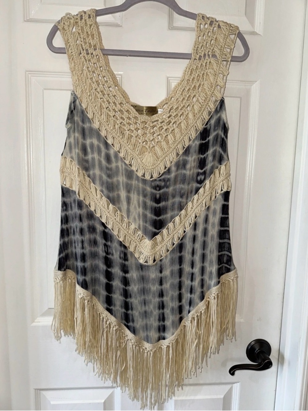Jessica Taylor NYC One Size Sleeveless Cover Up Top Tie-Dye Crochet Fringe